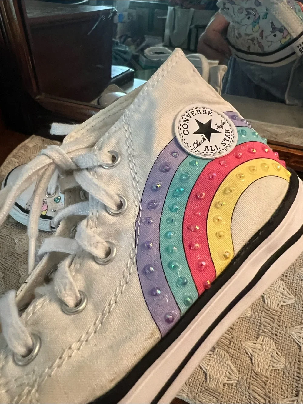 CONVERSE High Top Unicorn & Rainbow Casual Rhinestone Sneakers Colorful Girls 10